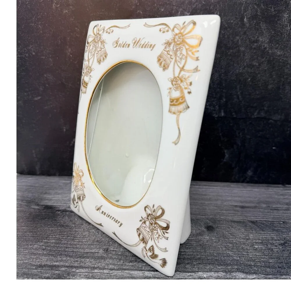 Vintage Lefton Golden Wedding Porcelain Photo Frame Japan 4x6 50th Anniversary 1